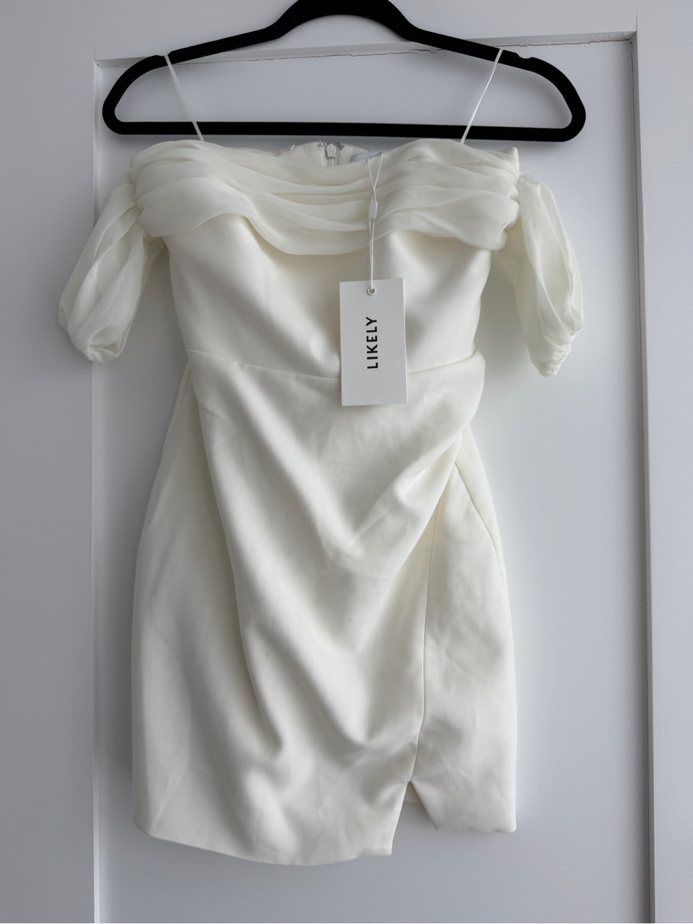 Likely White Off-Shoulder Mini Dress with Sheer Puff Sleeves
